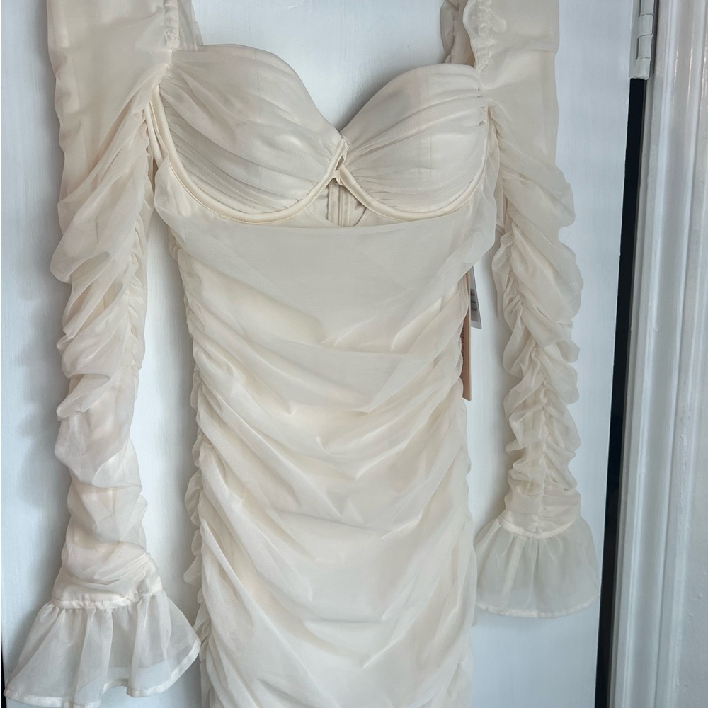 Oh Polly Cream Long Sleeve Ruched Dress NWT